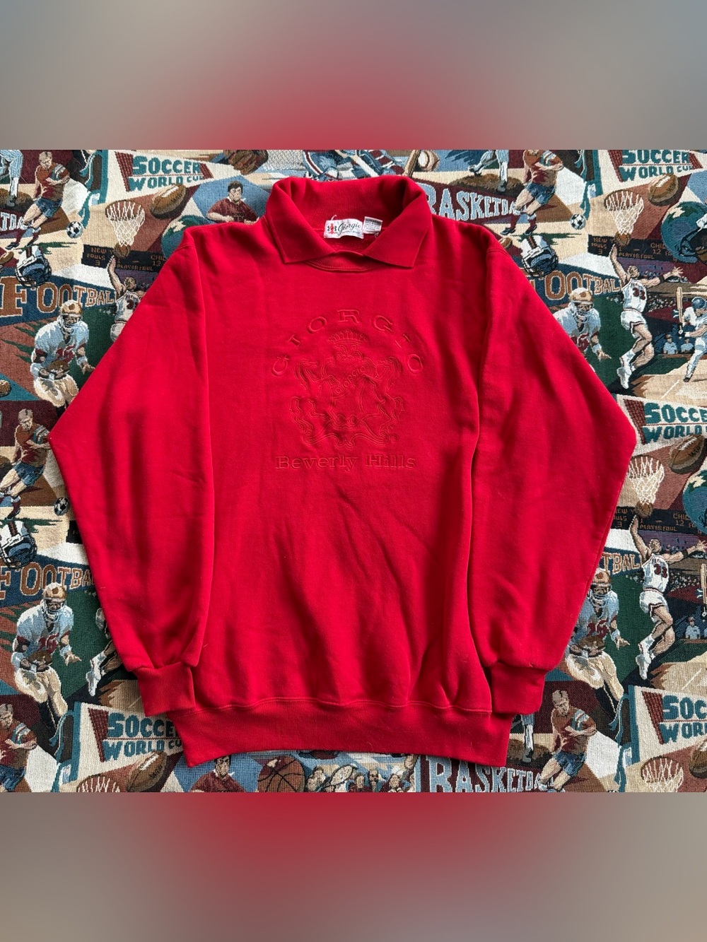 Vintage 90s Men’s Giorgio Beverly Hills Red Embroidered Crest Collard Sweatshirt